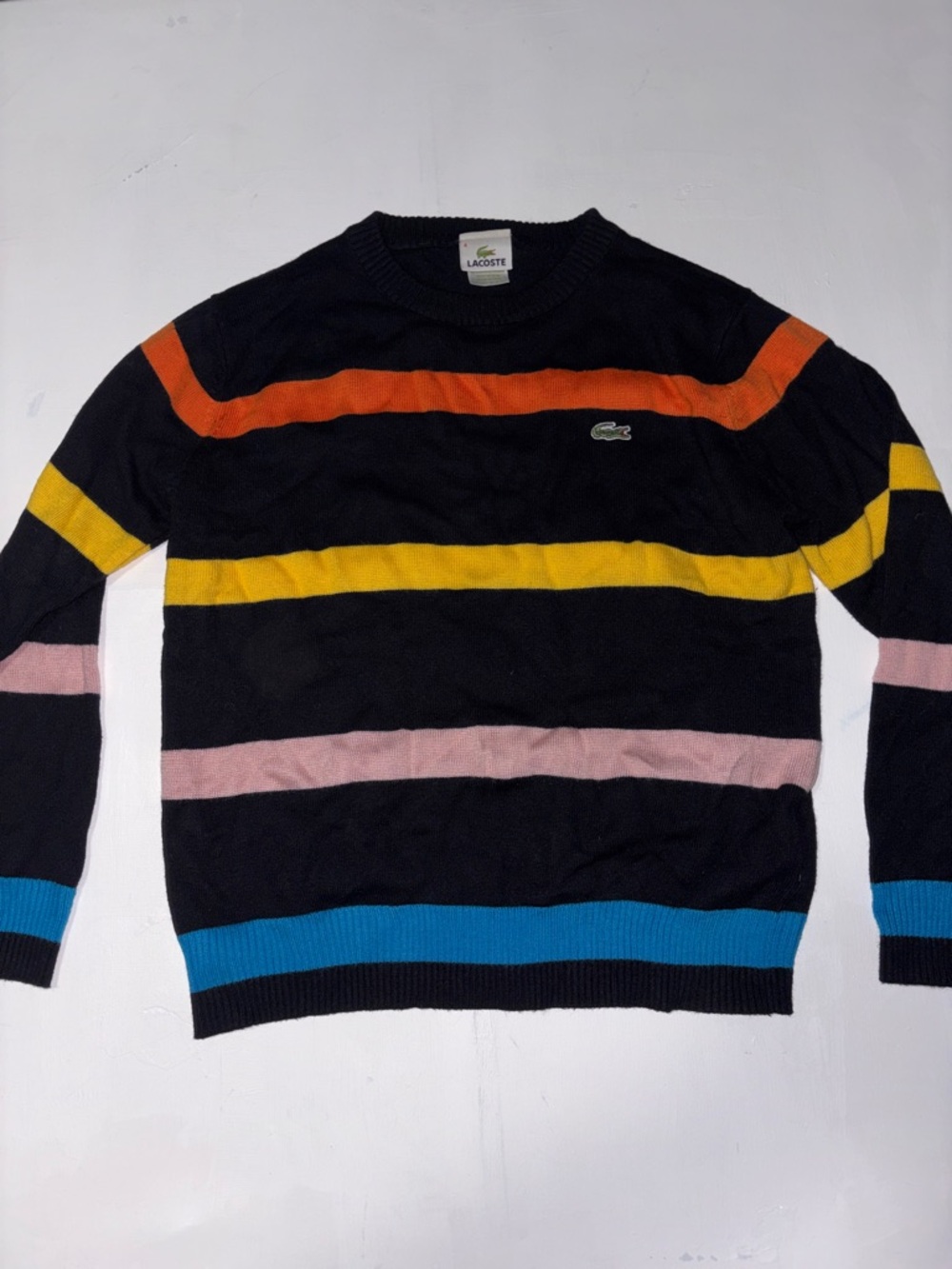 Lacoste Men's Black Crewneck Sweater with Blue, Pink, Yellow and Orange Stripes - Picture 3 of 4